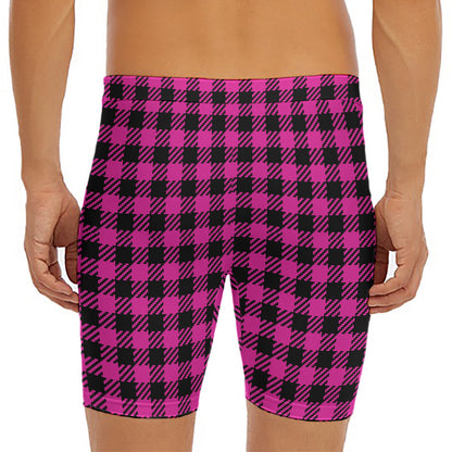 Hot Pink Buffalo Plaid Print Men's Long Boxer Briefs