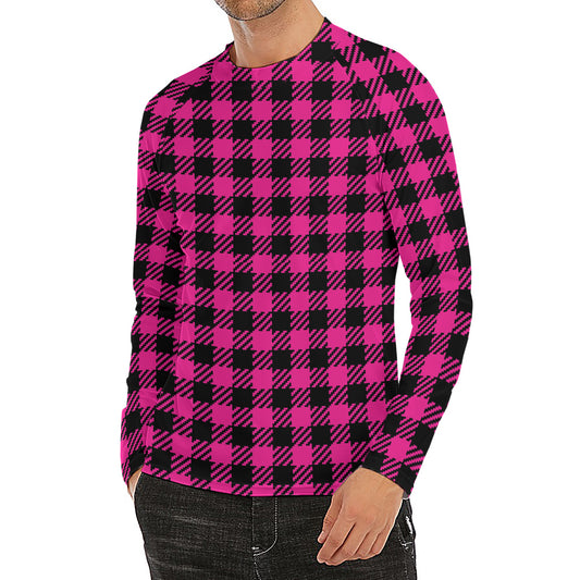 Hot Pink Buffalo Plaid Print Men's Long Sleeve Rash Guard