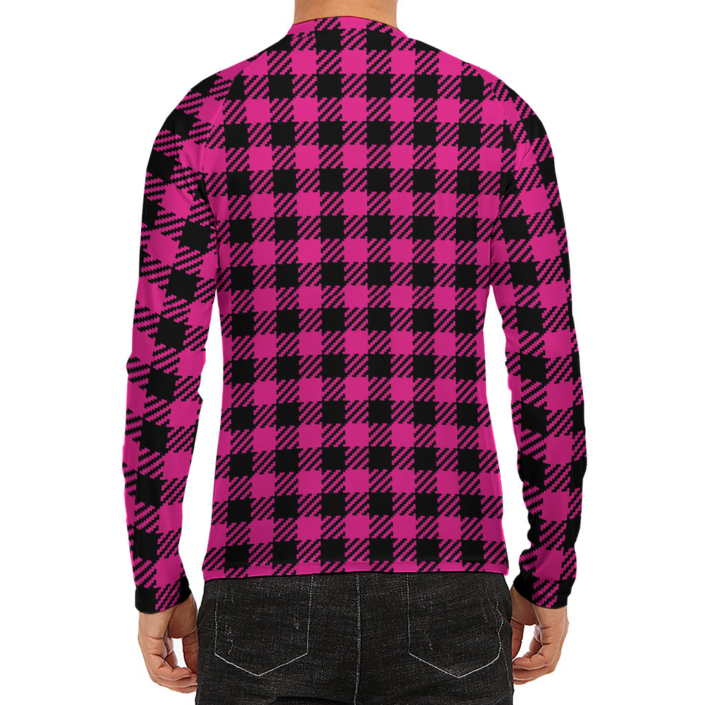 Hot Pink Buffalo Plaid Print Men's Long Sleeve Rash Guard
