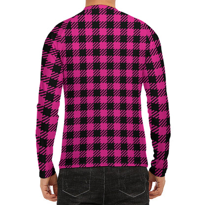 Hot Pink Buffalo Plaid Print Men's Long Sleeve Rash Guard