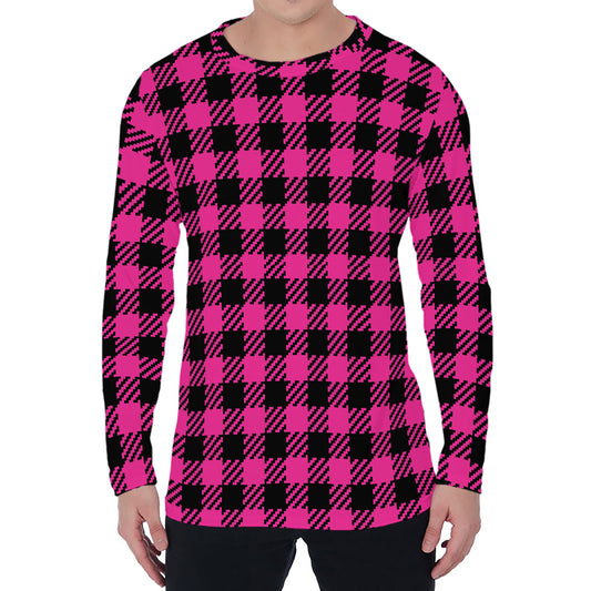 Hot Pink Buffalo Plaid Print Men's Long Sleeve T-Shirt