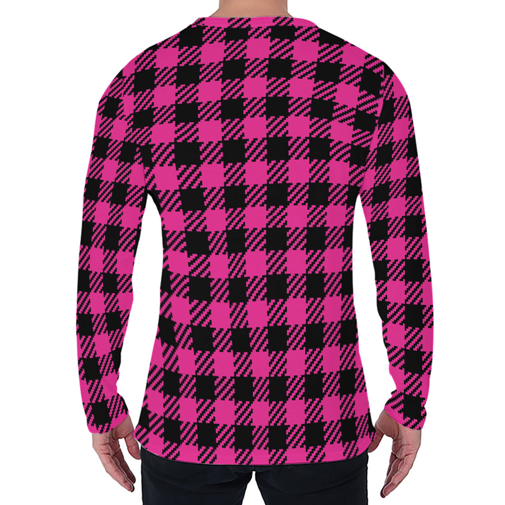 Hot Pink Buffalo Plaid Print Men's Long Sleeve T-Shirt