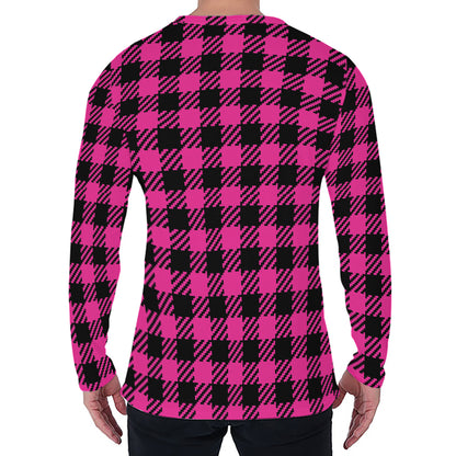 Hot Pink Buffalo Plaid Print Men's Long Sleeve T-Shirt