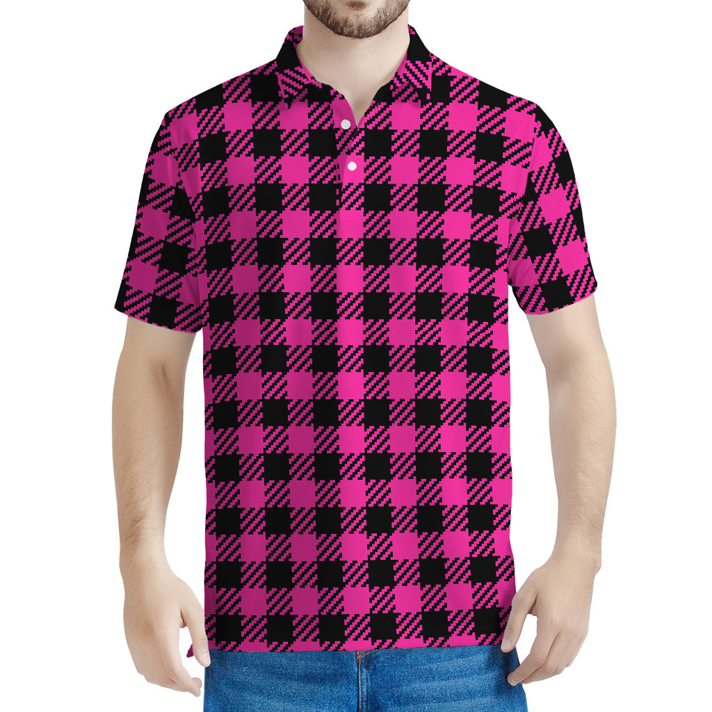 Hot Pink Buffalo Plaid Print Men's Polo Shirt