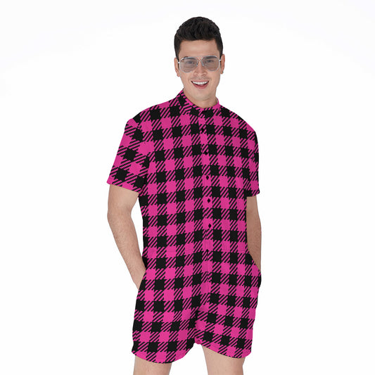 Hot Pink Buffalo Plaid Print Men's Rompers