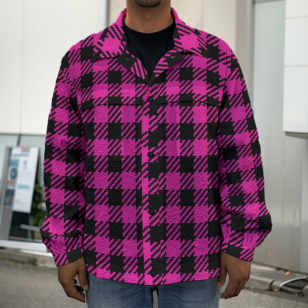 Hot Pink Buffalo Plaid Print Men's Shirt Jacket