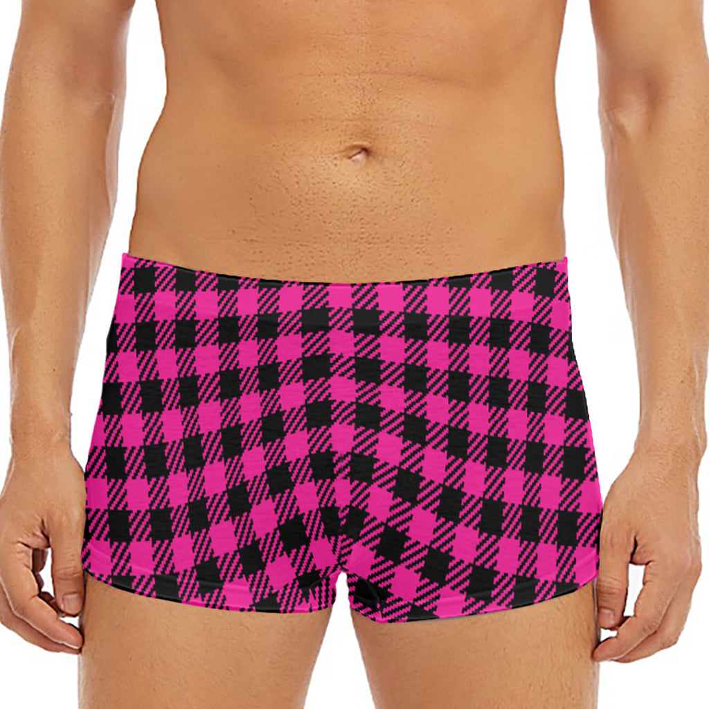Hot Pink Buffalo Plaid Print Men's Short Boxer Briefs