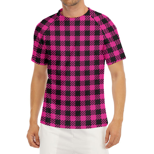 Hot Pink Buffalo Plaid Print Men's Short Sleeve Rash Guard