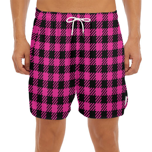 Hot Pink Buffalo Plaid Print Men's Split Running Shorts