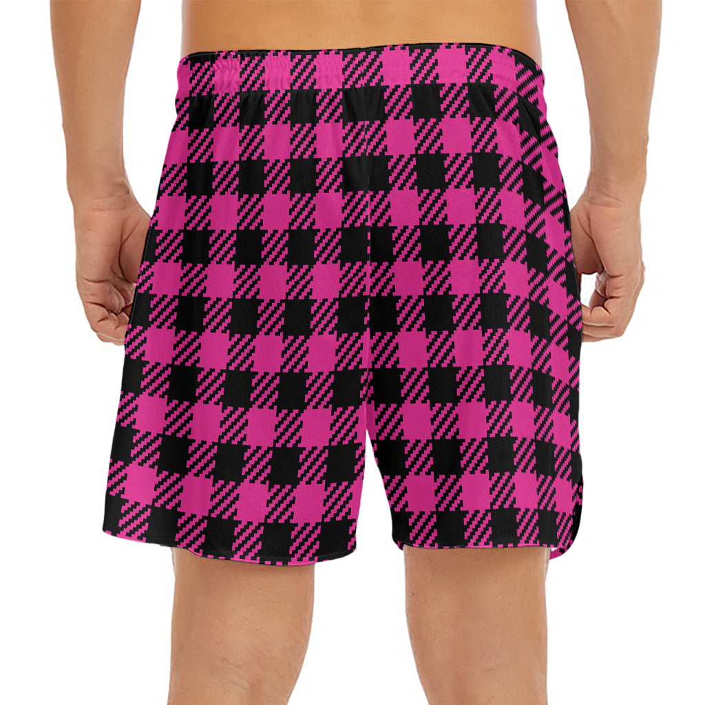 Hot Pink Buffalo Plaid Print Men's Split Running Shorts