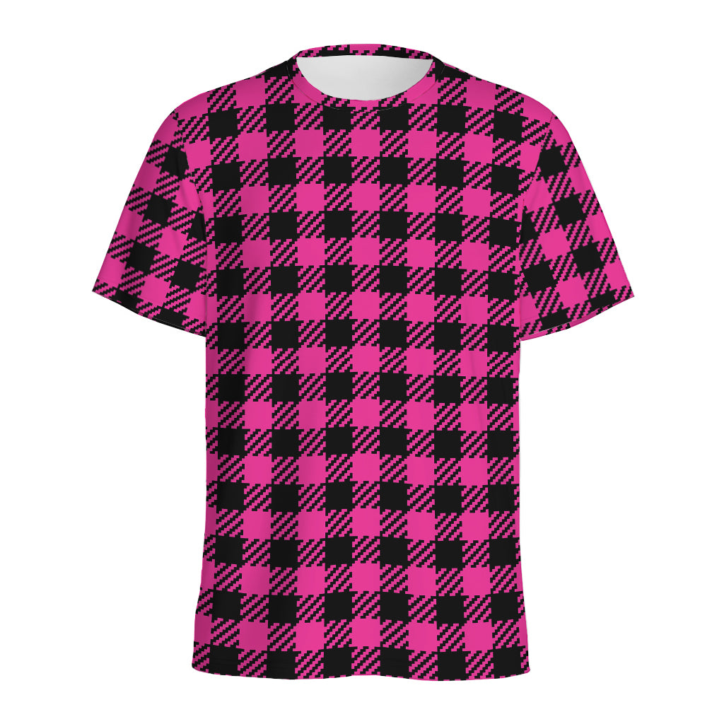 Hot Pink Buffalo Plaid Print Men's Sports T-Shirt