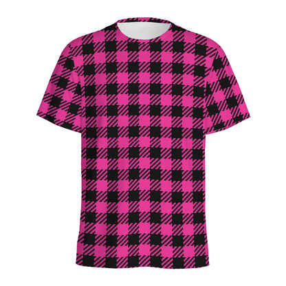 Hot Pink Buffalo Plaid Print Men's Sports T-Shirt
