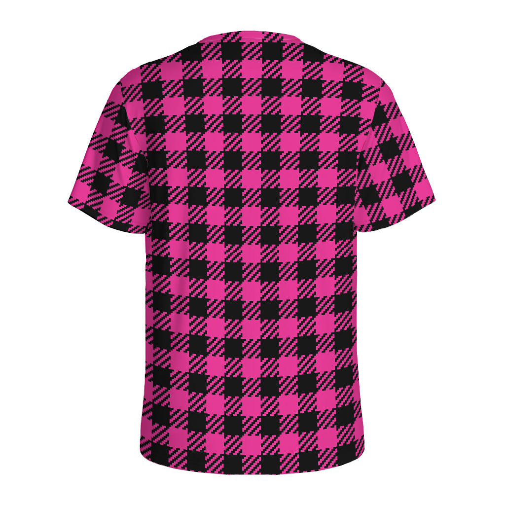 Hot Pink Buffalo Plaid Print Men's Sports T-Shirt