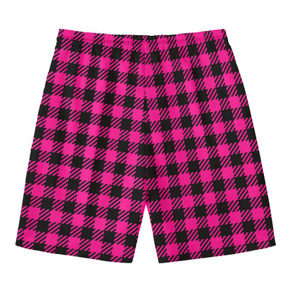 Hot Pink Buffalo Plaid Print Men's Swim Trunks