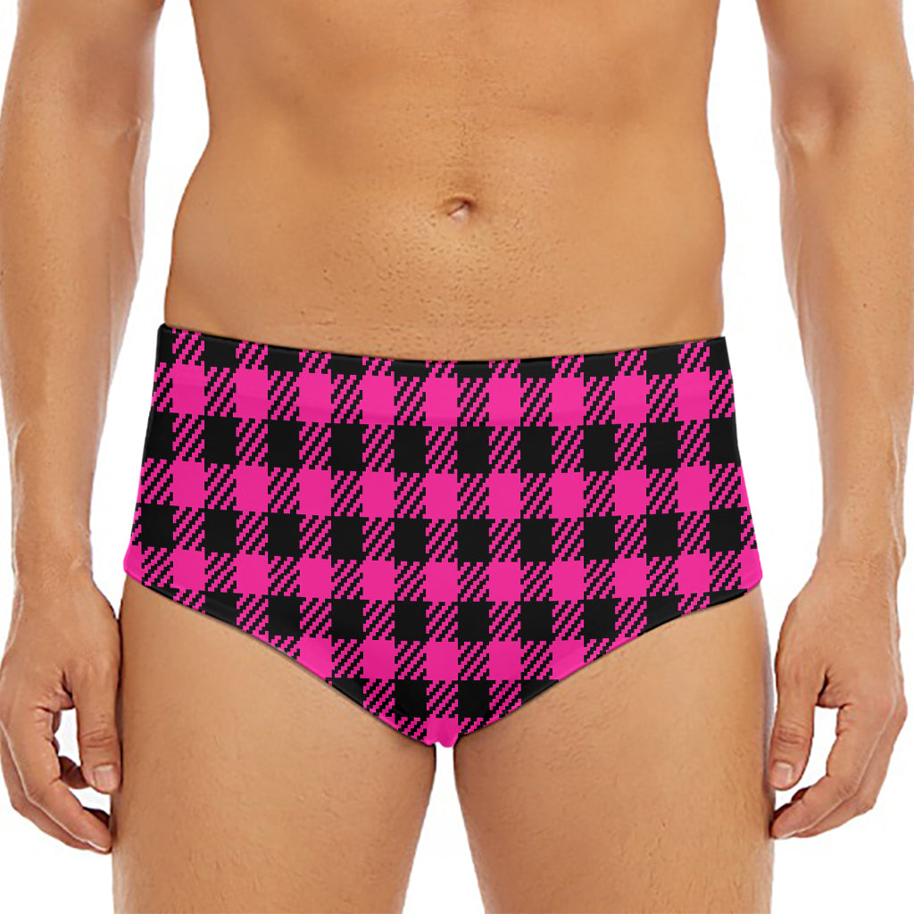 Hot Pink Buffalo Plaid Print Men's Triangle Swim Briefs