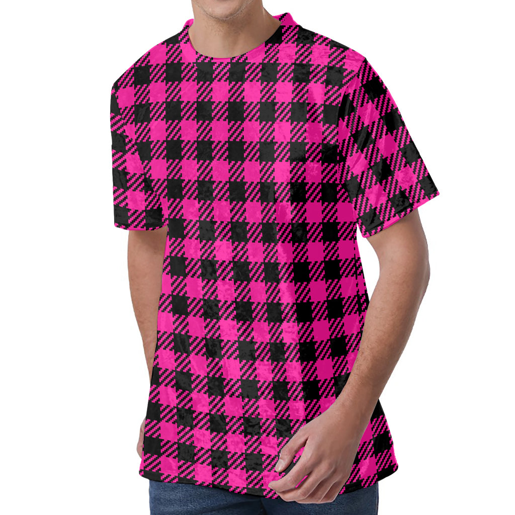 Hot Pink Buffalo Plaid Print Men's Velvet T-Shirt