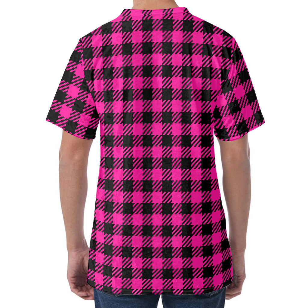 Hot Pink Buffalo Plaid Print Men's Velvet T-Shirt