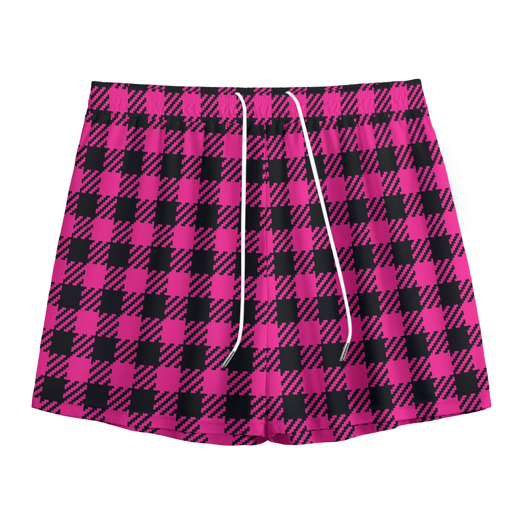 Hot Pink Buffalo Plaid Print Mesh Shorts
