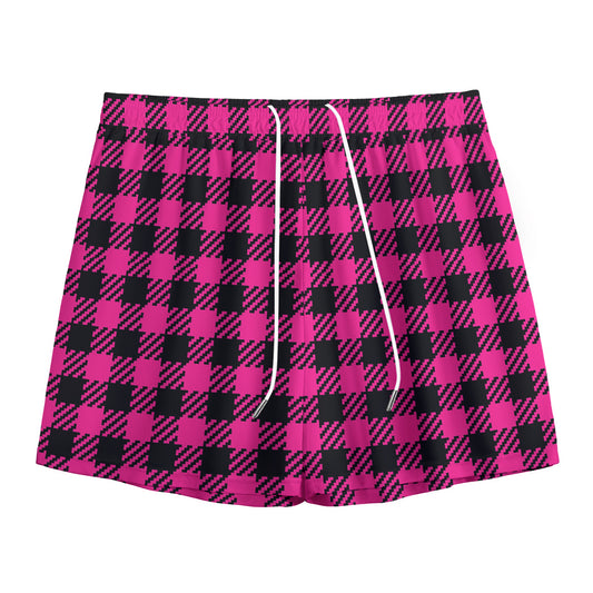 Hot Pink Buffalo Plaid Print Mesh Shorts