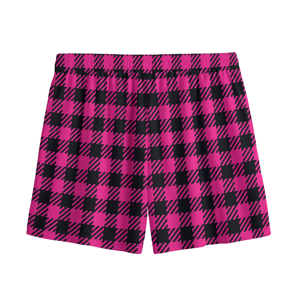 Hot Pink Buffalo Plaid Print Mesh Shorts