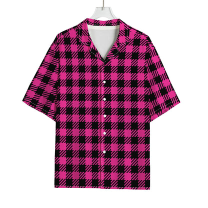 Hot Pink Buffalo Plaid Print Rayon Hawaiian Shirt