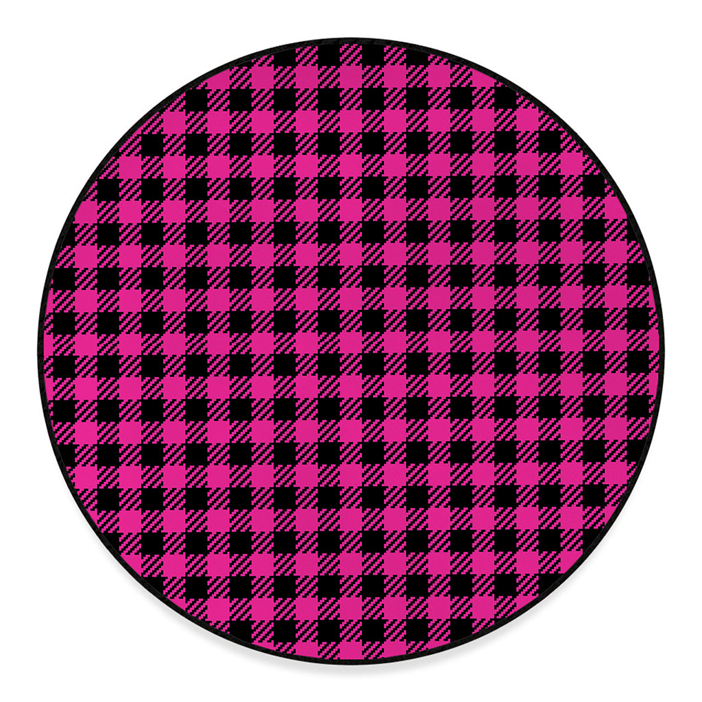 Hot Pink Buffalo Plaid Print Round Floor Mat