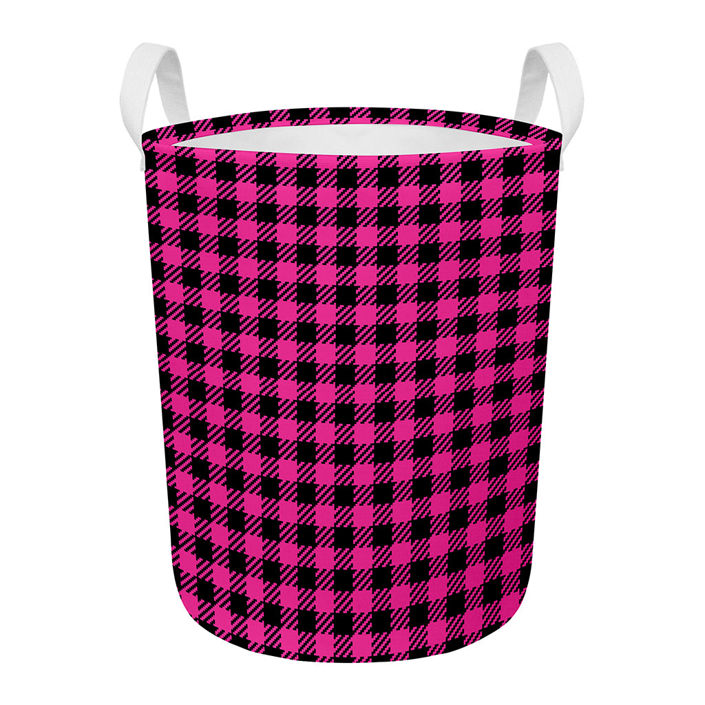 Hot Pink Buffalo Plaid Print Round Laundry Basket