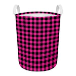 Hot Pink Buffalo Plaid Print Round Laundry Basket