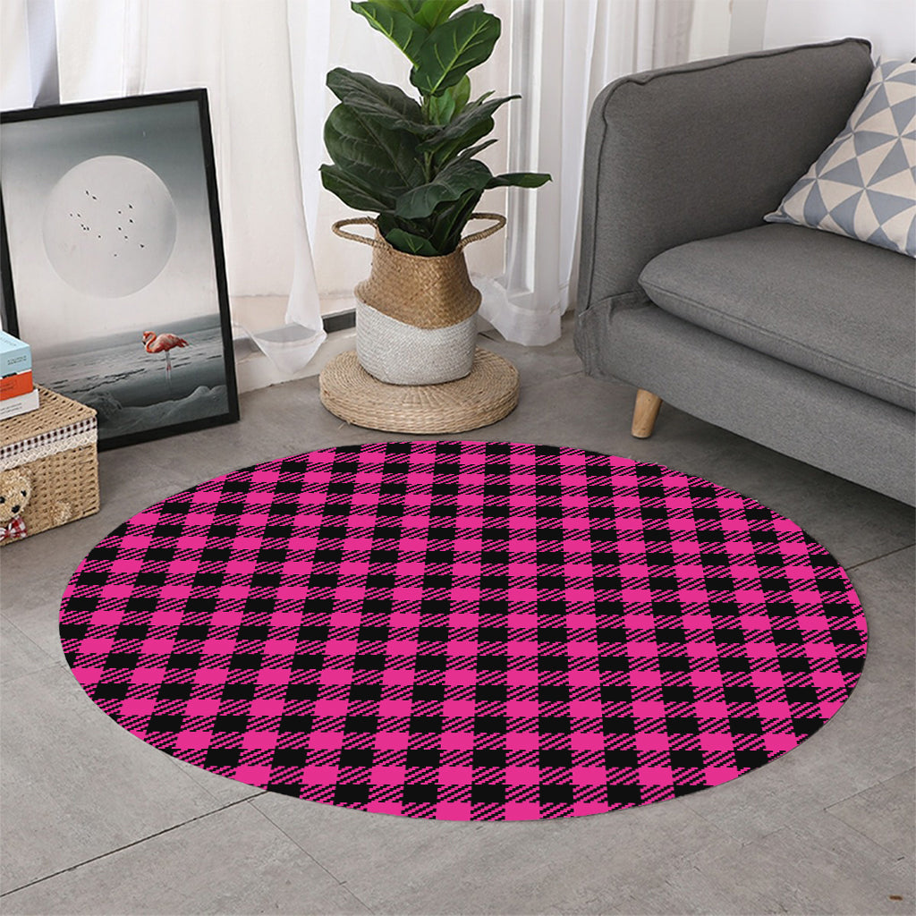 Hot Pink Buffalo Plaid Print Round Rug