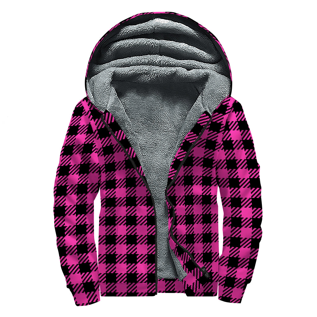 Hot Pink Buffalo Plaid Print Sherpa Lined Zip Up Hoodie