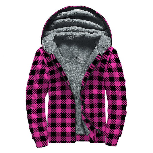 Hot Pink Buffalo Plaid Print Sherpa Lined Zip Up Hoodie