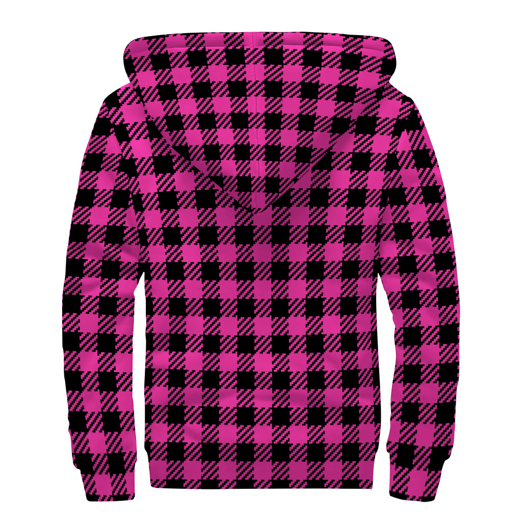Hot Pink Buffalo Plaid Print Sherpa Lined Zip Up Hoodie