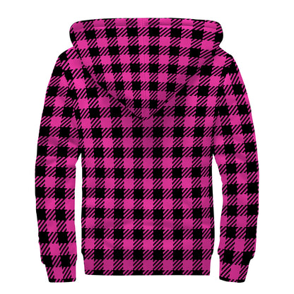Hot Pink Buffalo Plaid Print Sherpa Lined Zip Up Hoodie