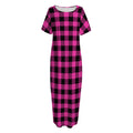 Hot Pink Buffalo Plaid Print Short Sleeve Long Nightdress