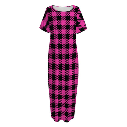 Hot Pink Buffalo Plaid Print Short Sleeve Long Nightdress