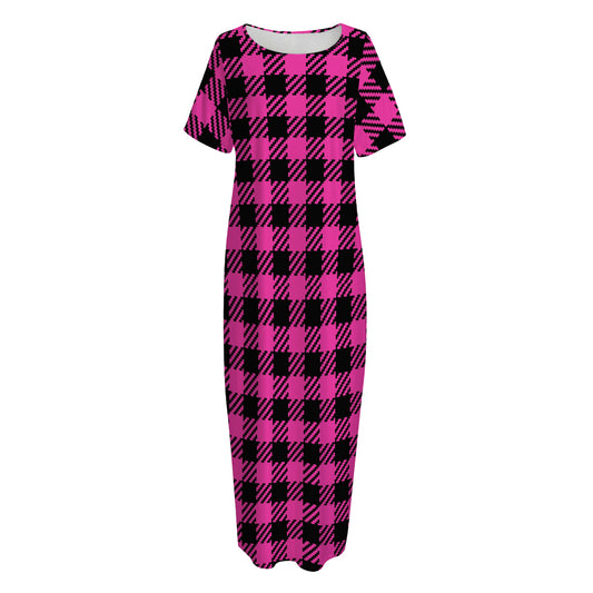 Hot Pink Buffalo Plaid Print Short Sleeve Long Nightdress