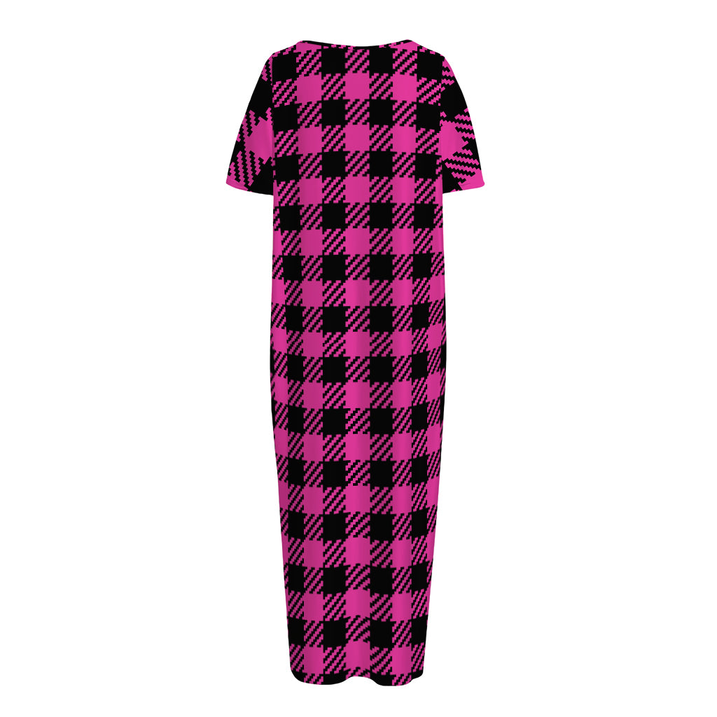 Hot Pink Buffalo Plaid Print Short Sleeve Long Nightdress