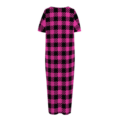 Hot Pink Buffalo Plaid Print Short Sleeve Long Nightdress