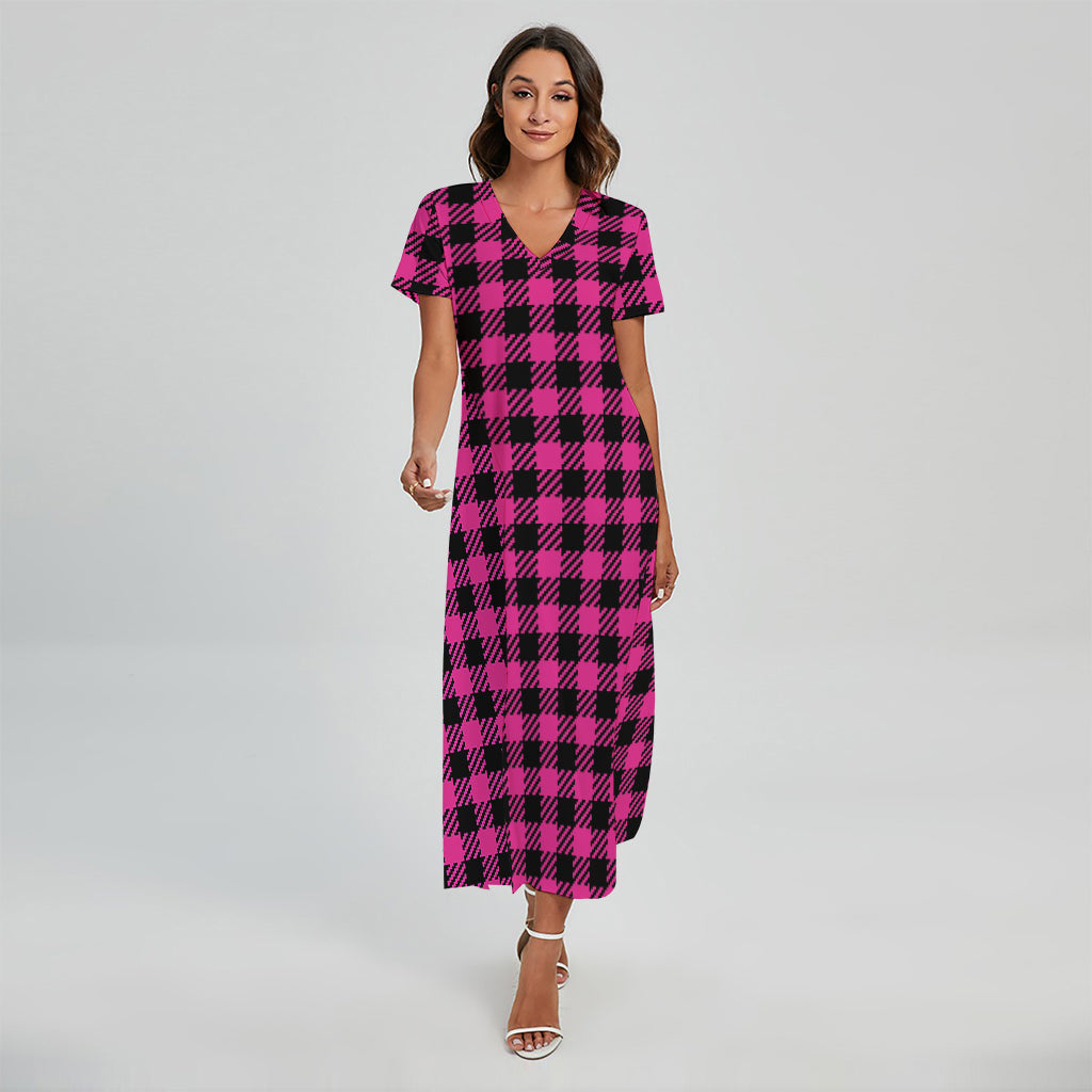 Hot Pink Buffalo Plaid Print Short Sleeve Maxi Dress
