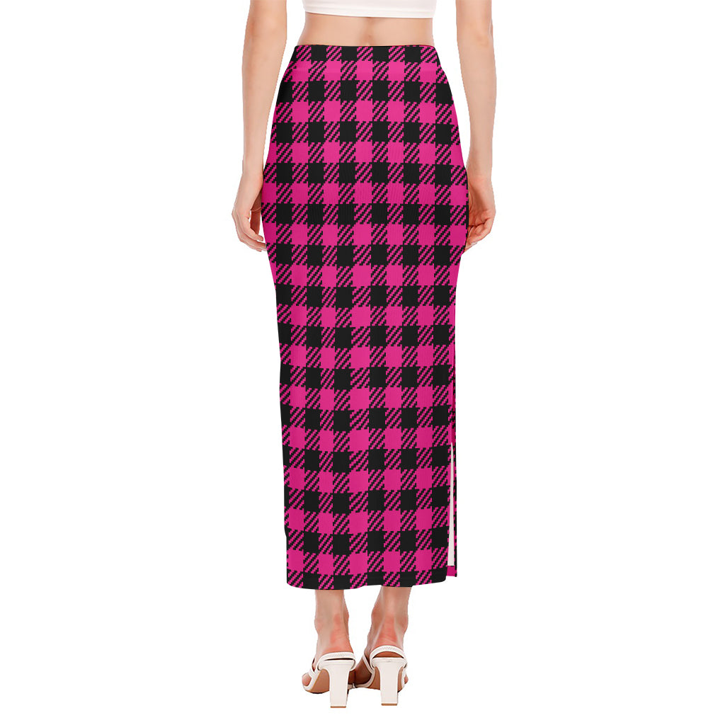 Hot Pink Buffalo Plaid Print Side Slit Maxi Skirt