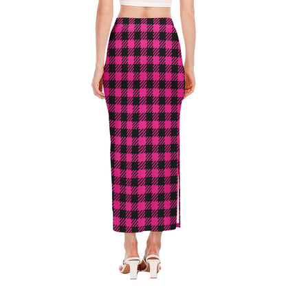 Hot Pink Buffalo Plaid Print Side Slit Maxi Skirt