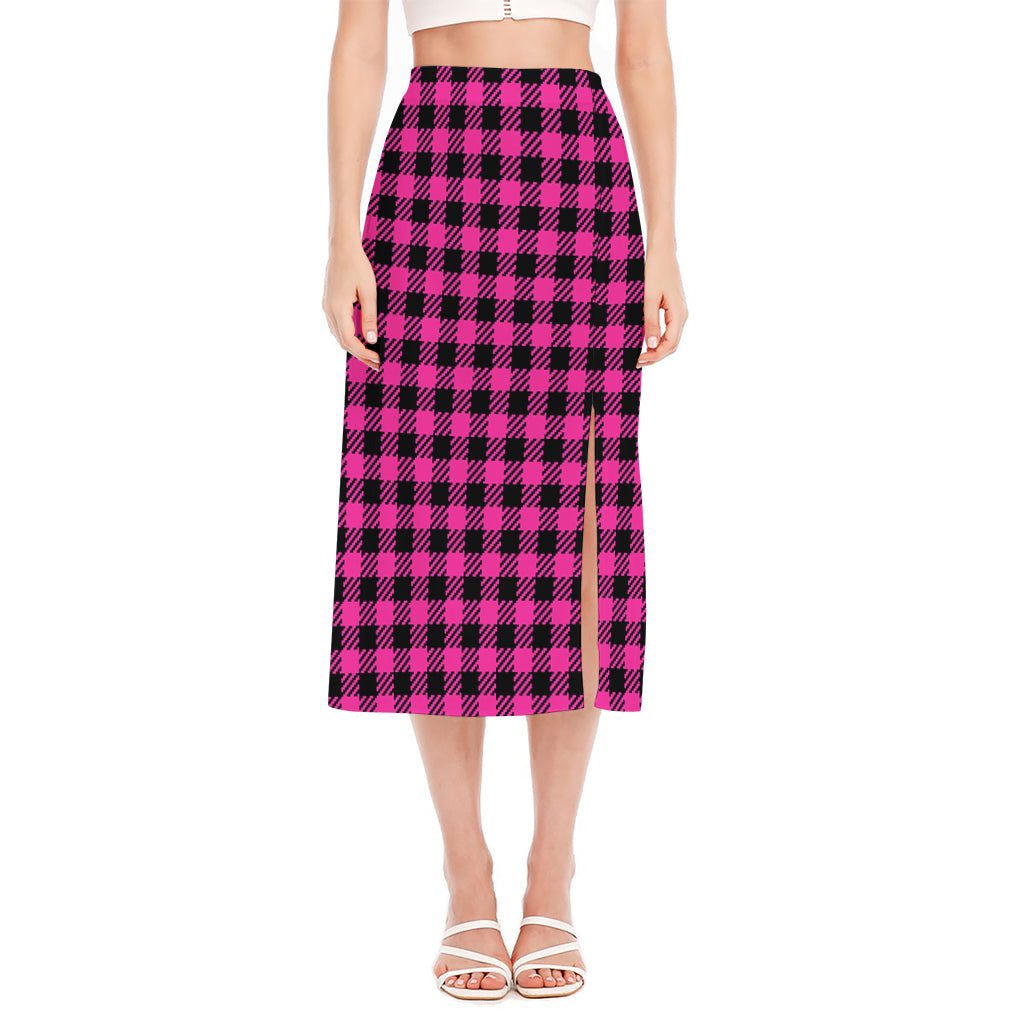 Hot Pink Buffalo Plaid Print Side Slit Midi Skirt