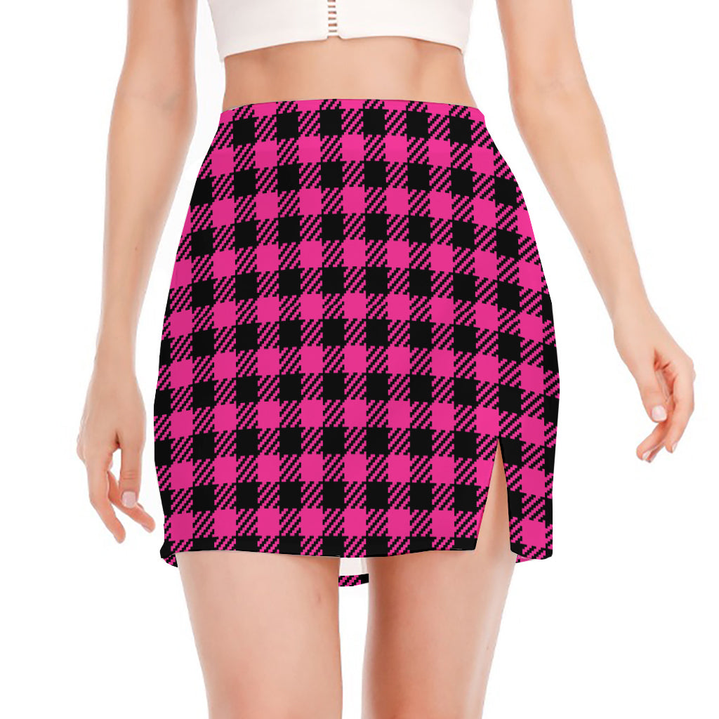 Hot Pink Buffalo Plaid Print Side Slit Mini Skirt