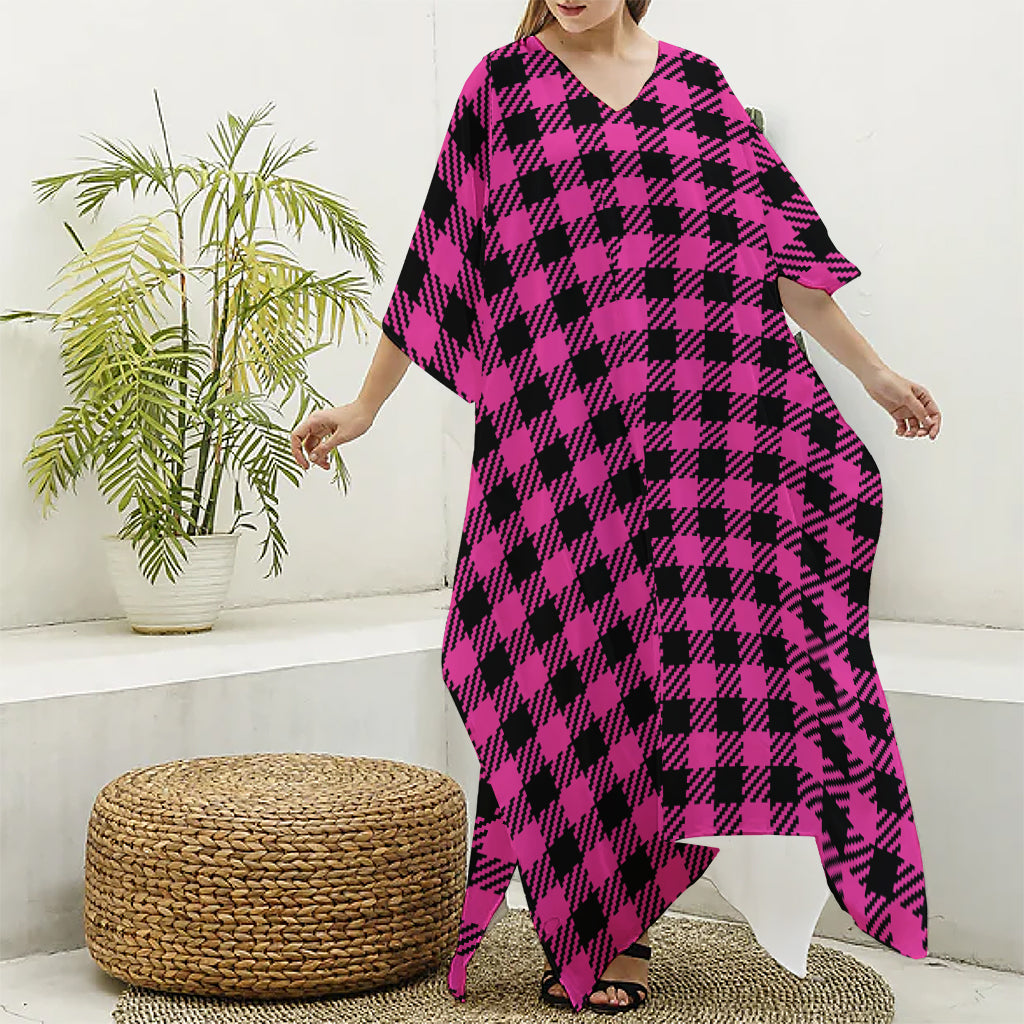Hot Pink Buffalo Plaid Print Silk V-Neck Kaftan Dress