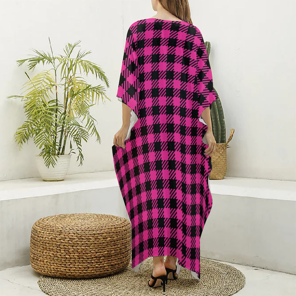 Hot Pink Buffalo Plaid Print Silk V-Neck Kaftan Dress