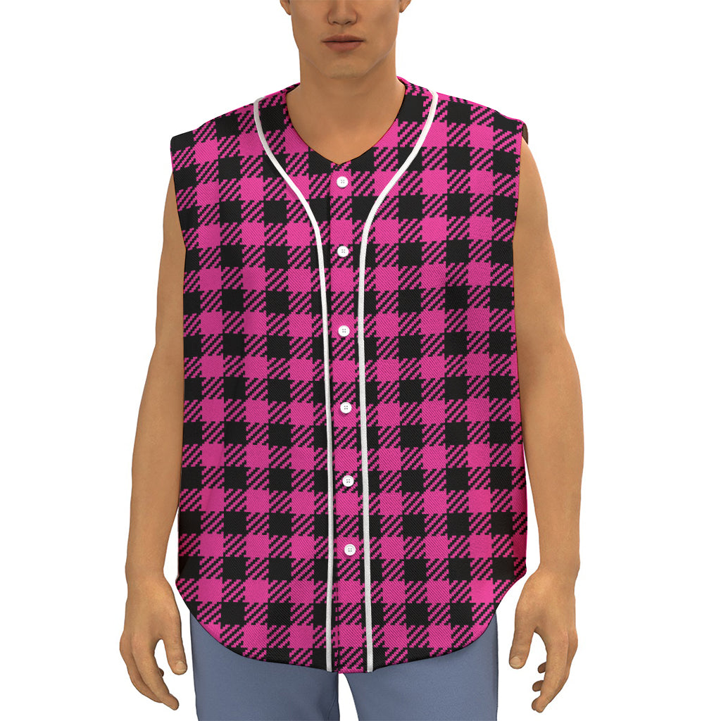 Hot Pink Buffalo Plaid Print Sleeveless Baseball Jersey