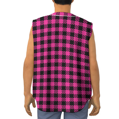 Hot Pink Buffalo Plaid Print Sleeveless Baseball Jersey