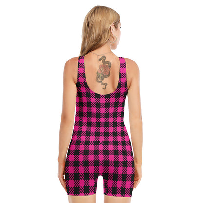 Hot Pink Buffalo Plaid Print Sleeveless One Piece Swimsuit