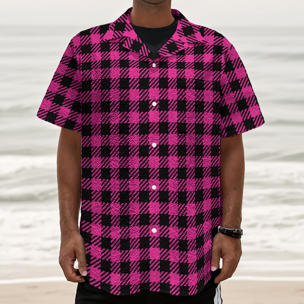 Hot Pink Buffalo Plaid Print Textured Short Sleeve Shirt