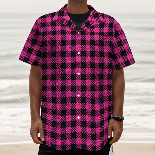 Hot Pink Buffalo Plaid Print Textured Short Sleeve Shirt